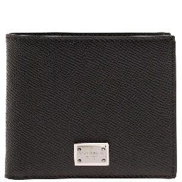 Black Bi-Fold Wallet with Logo Plaque on the Front in Grained Leather Man