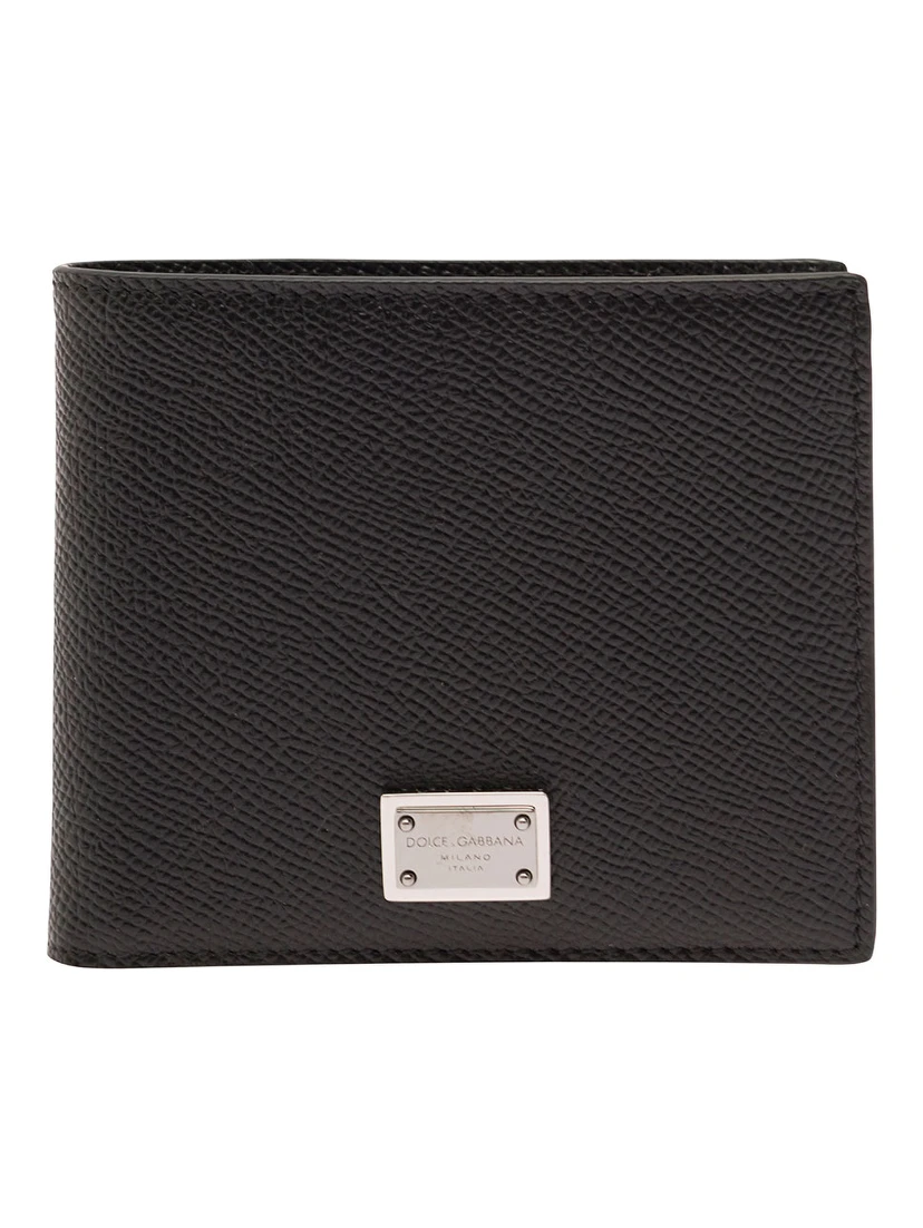 Black Bi-Fold Wallet with Logo Plaque on the Front in Grained Leather Man