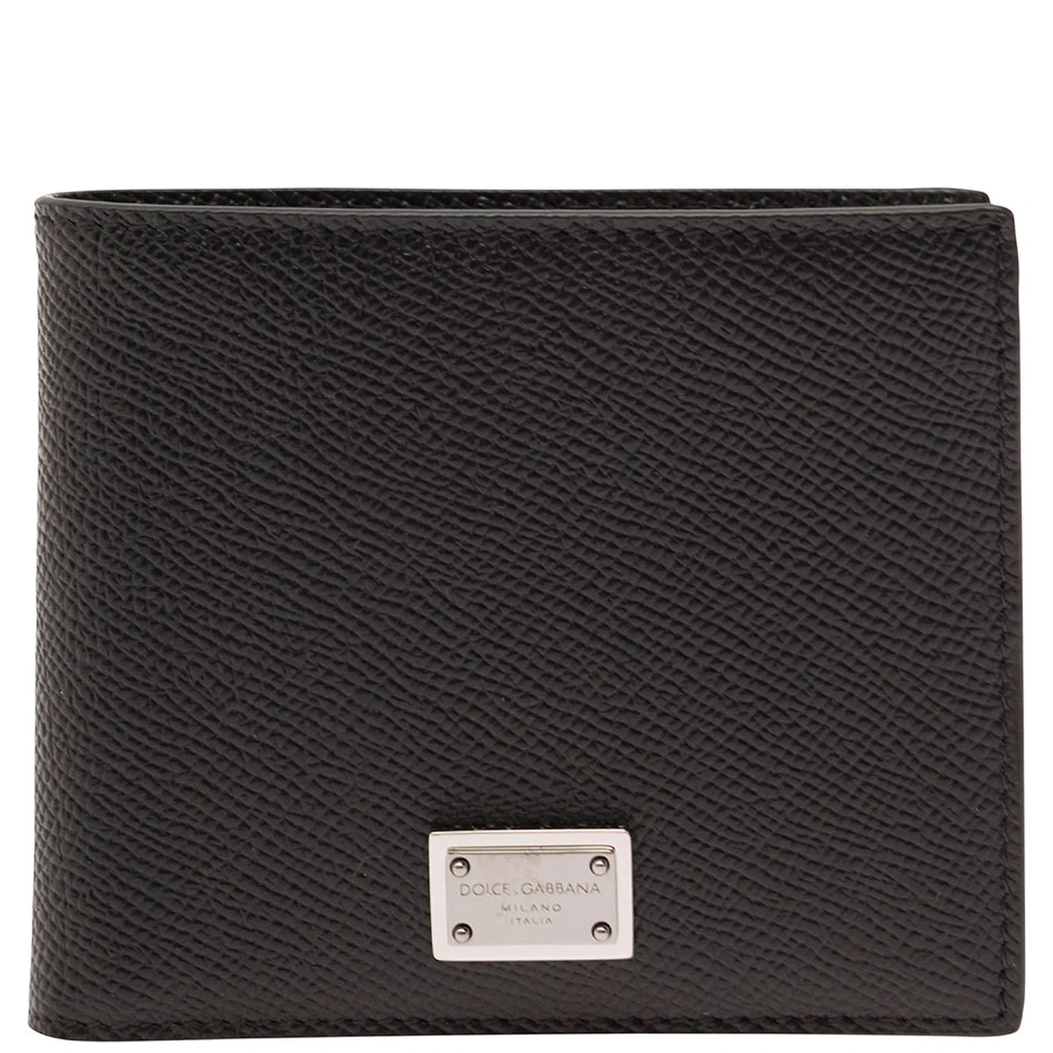 Black Bi-Fold Wallet with Logo Plaque on the Front in Grained Leather Man