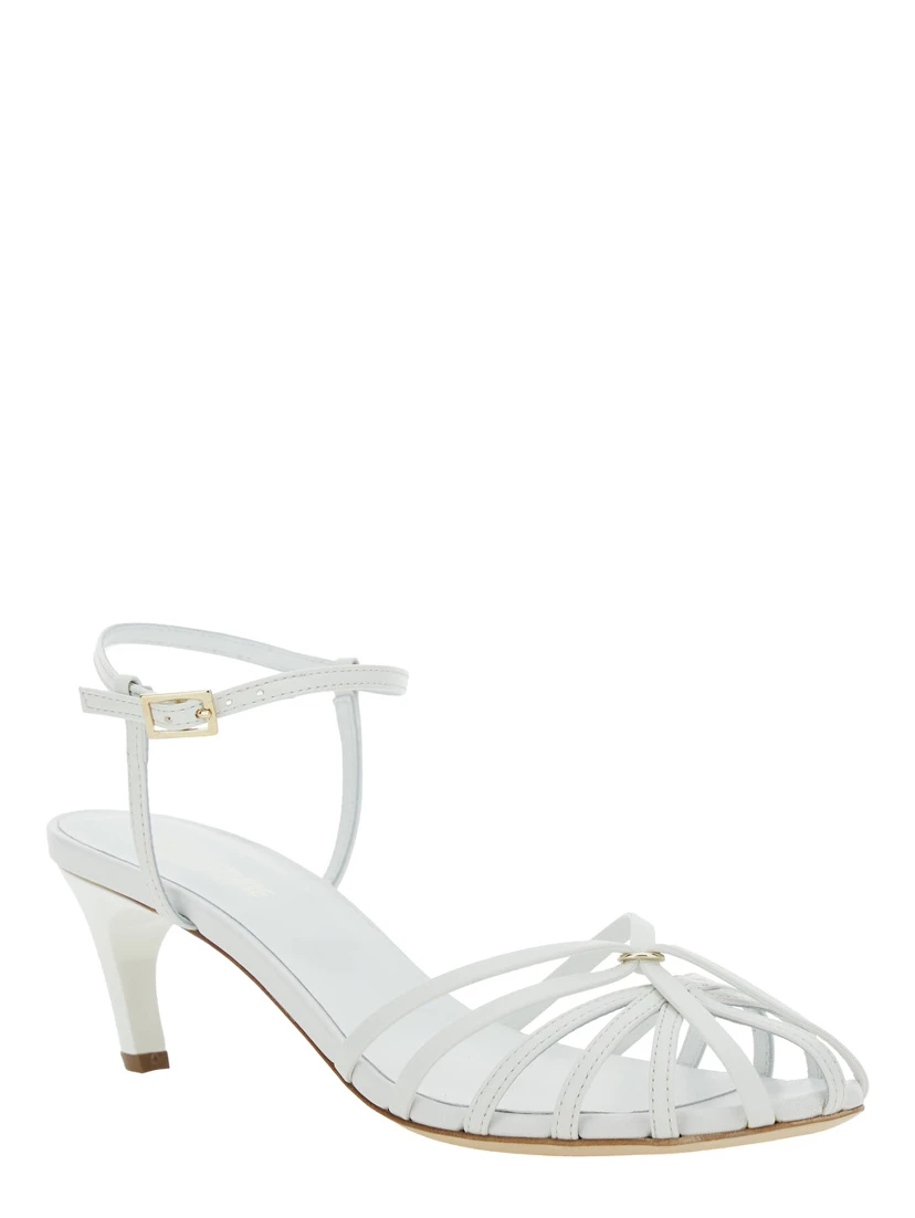 White Heeled Sandals with Cage Design in Leather Woman
