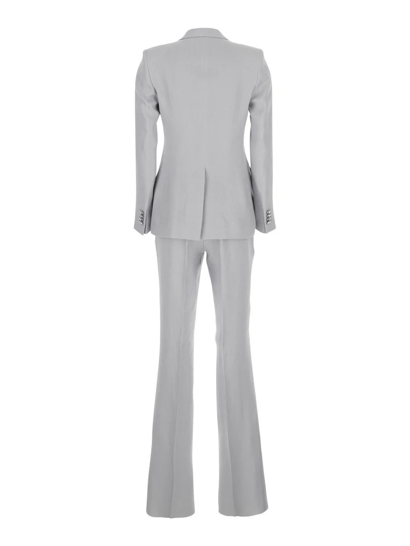 Grey Double-Breasted Suit with Golden Buttons in Linen Woman