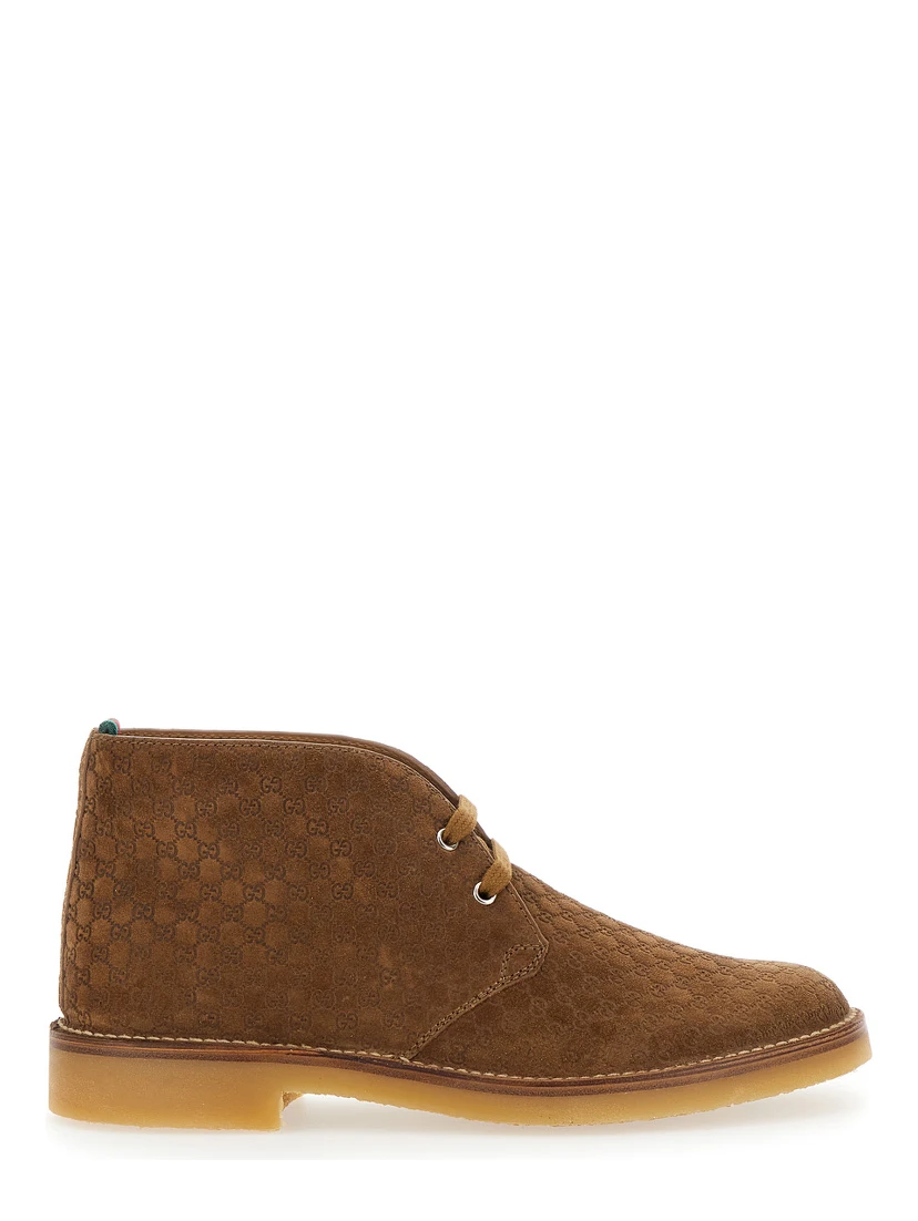 Brown Ankle Boots with Web Detail on the Heel and Low Heel in GG Suede Man