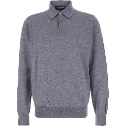 Grey Polo Shirt with Classic Collar and Tonal Logo Embroidery on the Front in Wool Man