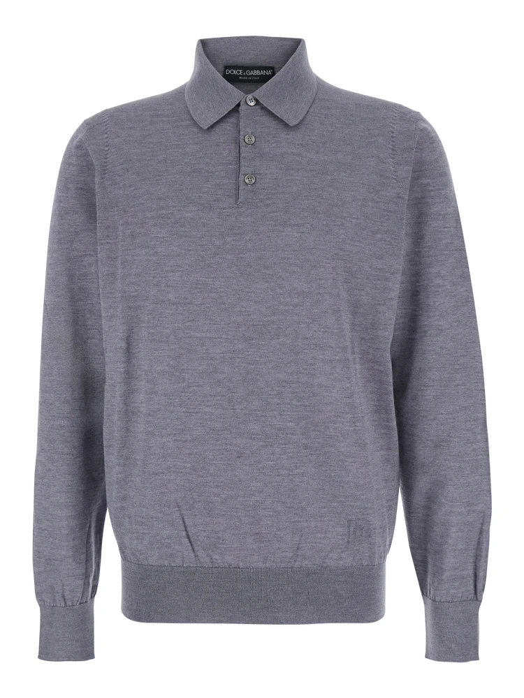 Grey Polo Shirt with Classic Collar and Tonal Logo Embroidery on the Front in Wool Man