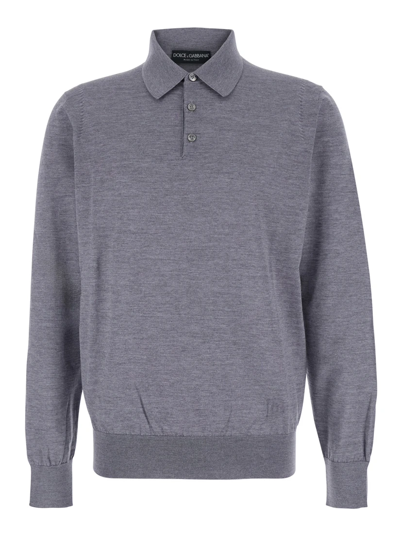 Grey Polo Shirt with Classic Collar and Tonal Logo Embroidery on the Front in Wool Man