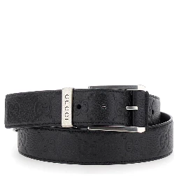 Black Belt with Square Buckle and All-Over Embossed GG Logo in Grained Leather Man