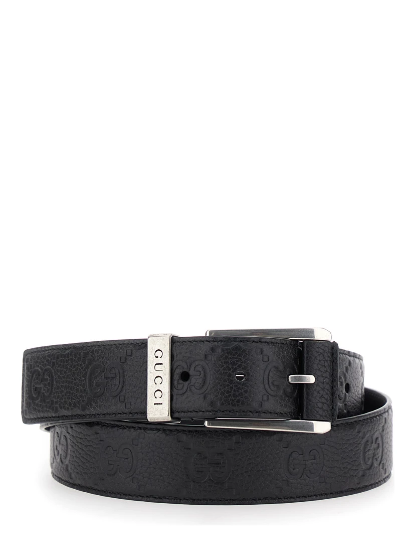 Black Belt with Square Buckle and All-Over Embossed GG Logo in Grained Leather Man