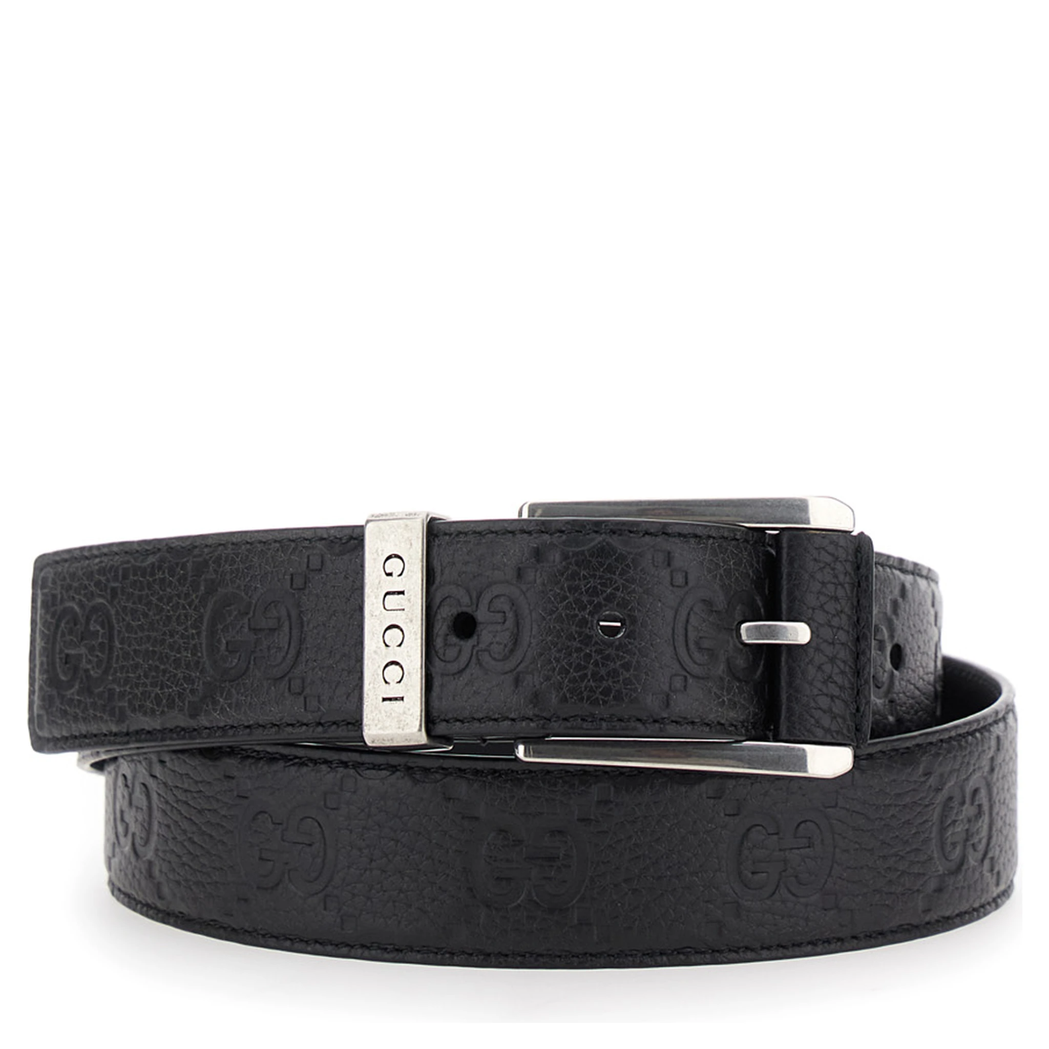 Black Belt with Square Buckle and All-Over Embossed GG Logo in Grained Leather Man