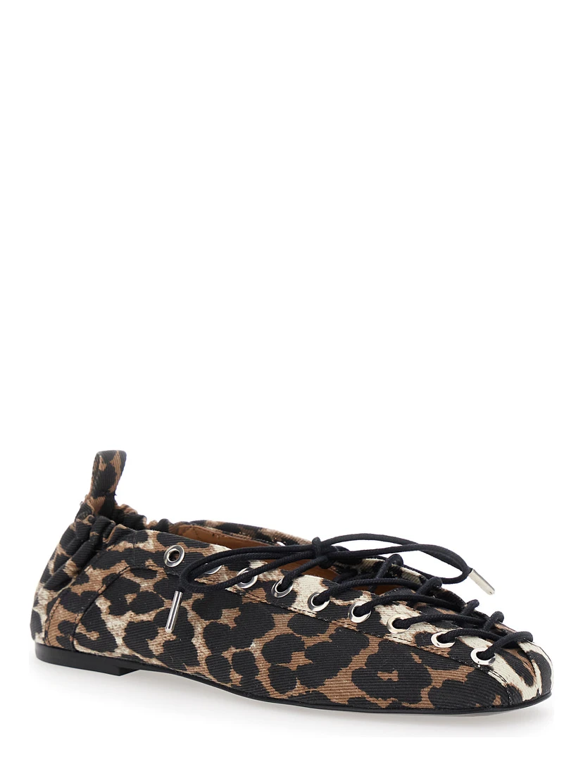 Brown Lace-up Ballerinas with Metal Eyelets and All-Over Print in Fabric Woman