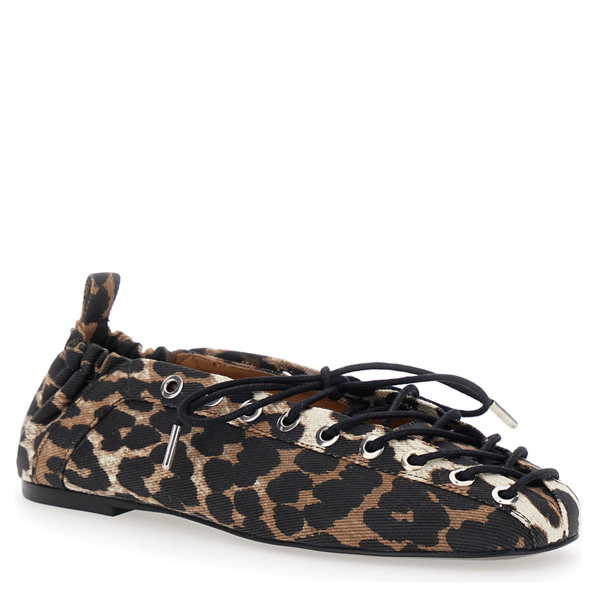 Brown Lace-up Ballerinas with Metal Eyelets and All-Over Print in Fabric Woman