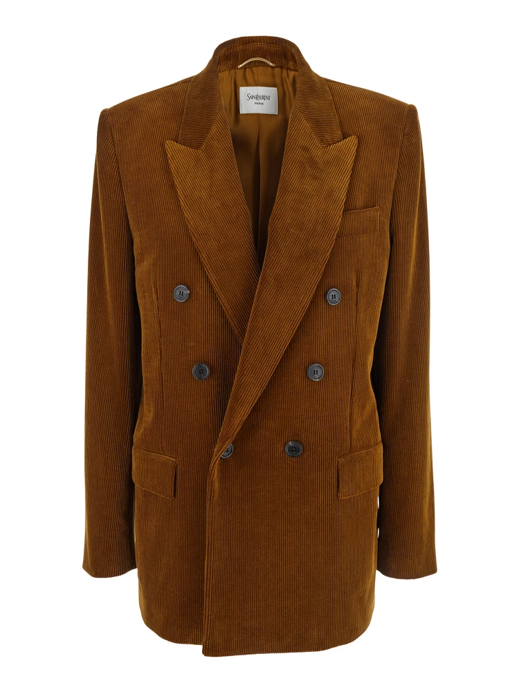 Brown Double-Breasted Jacket with Notched Revers and in Corduroy Woman