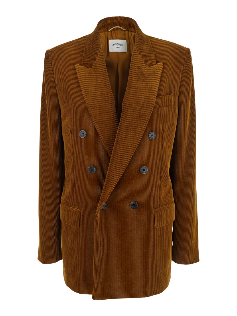 Brown Double-Breasted Jacket with Notched Revers and in Corduroy Woman
