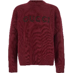 Bordeaux Crewneck Sweater with Logo Lettering Embroidery on the Front in Wool Man