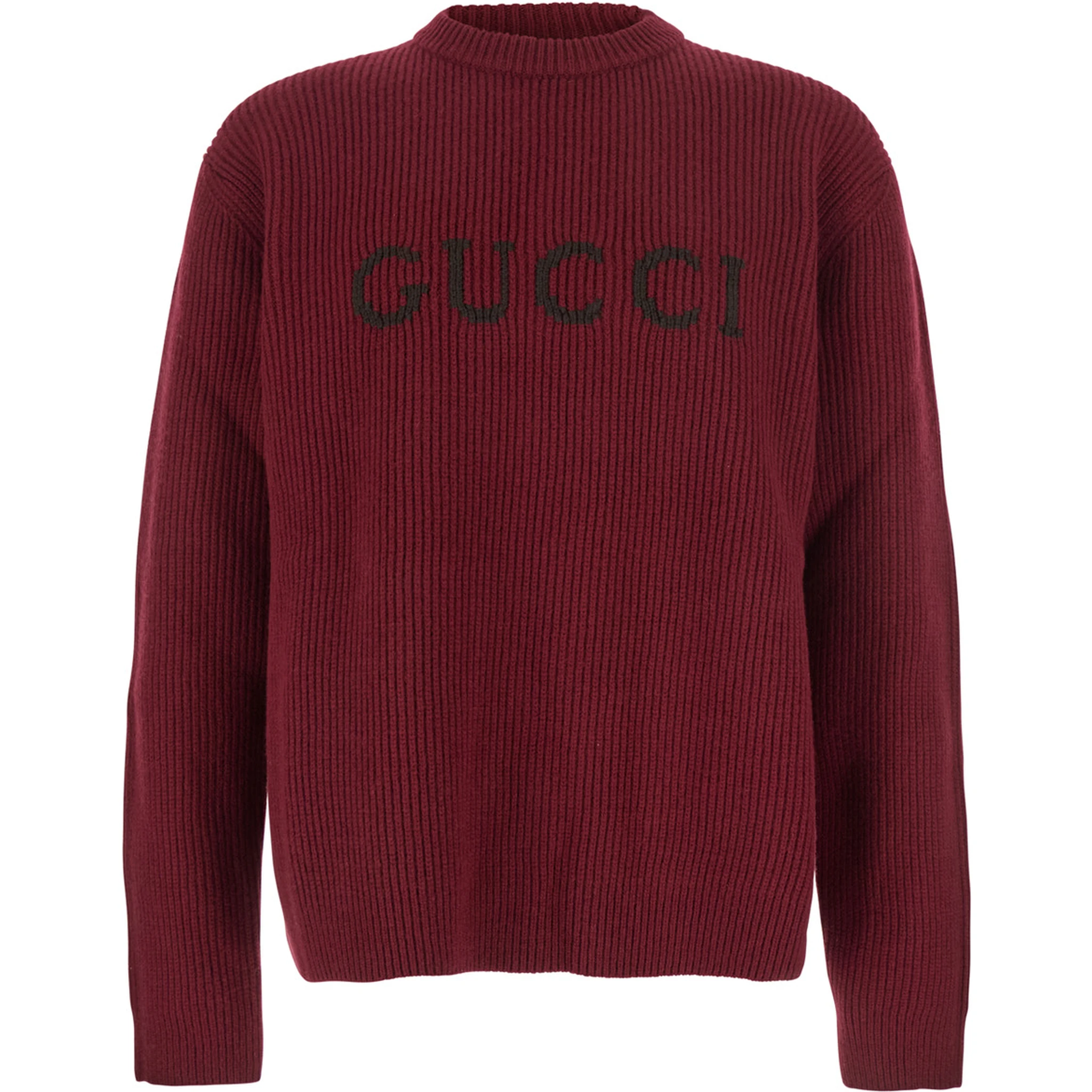 Bordeaux Crewneck Sweater with Logo Lettering Embroidery on the Front in Wool Man