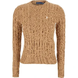 Beige Sweater with Embroidered Pony Detail on the Front in Cotton Woman