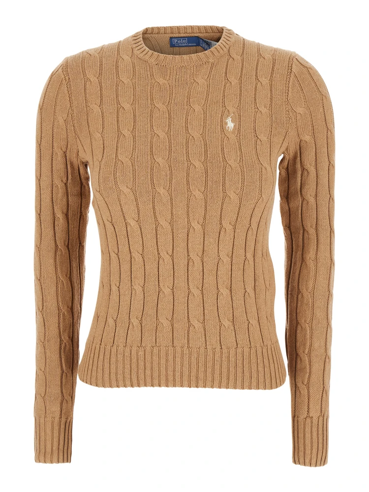 Beige Sweater with Embroidered Pony Detail on the Front in Cotton Woman