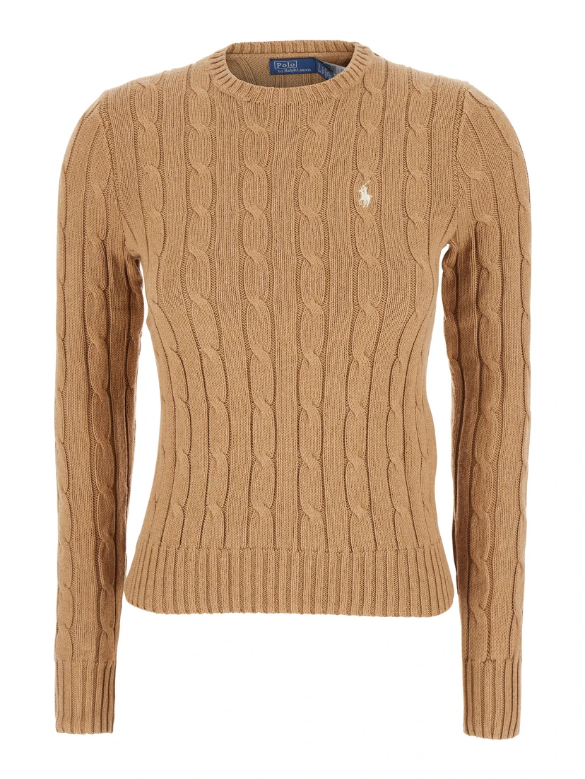 Beige Sweater with Embroidered Pony Detail on the Front in Cotton Woman