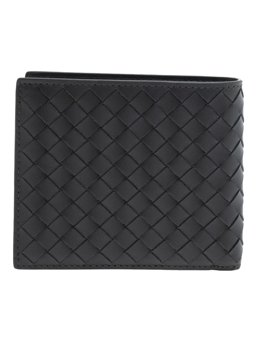 Green Bi-Fold Wallet with Intrecciato Motif and Embossed Logo Lettering on the Inside in Leather Man