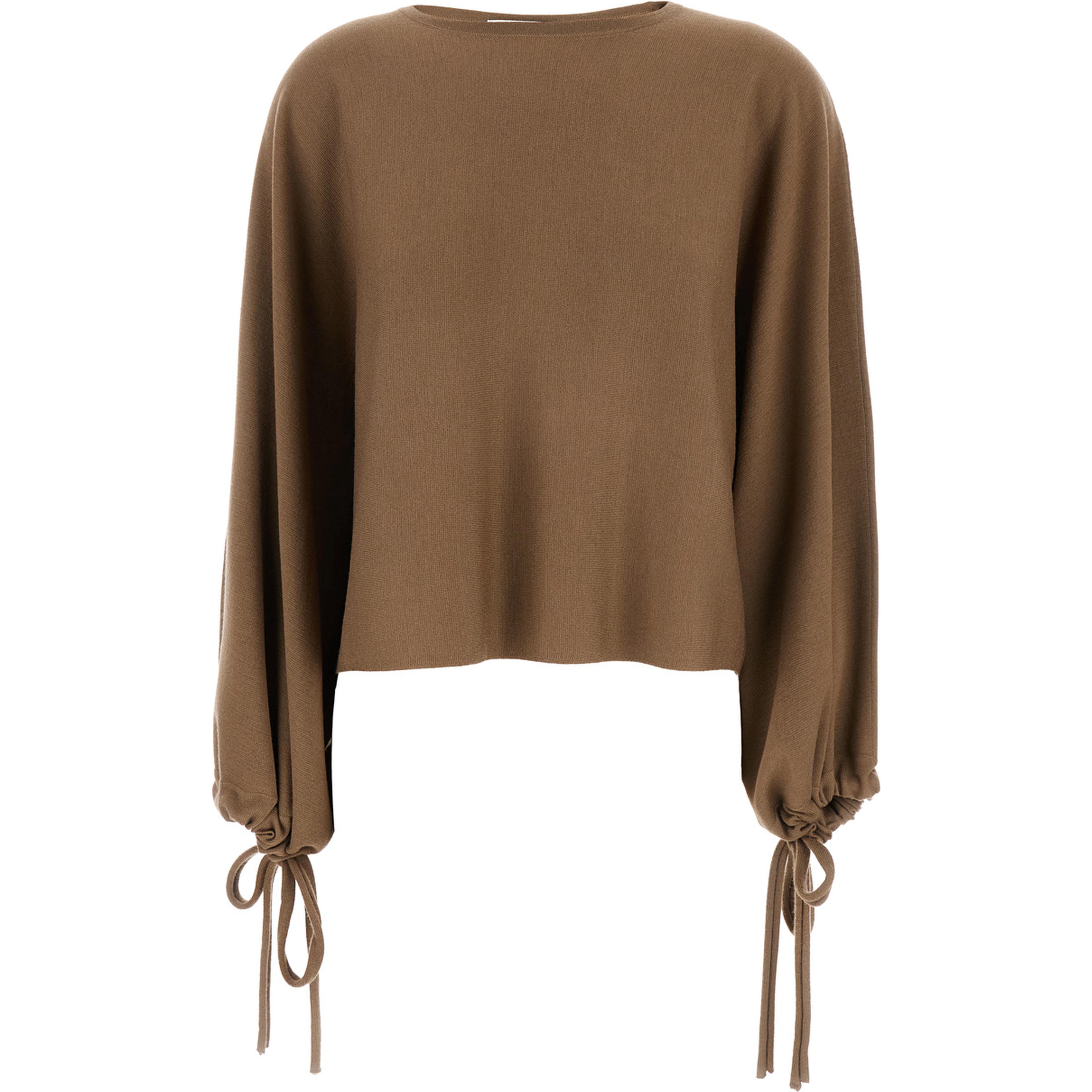 Frais Brown Crewneck Sweater with Cuffs with Ties in Wool Woman