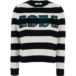 Viterbo Black and White Crewneck Sweater with Embroidery on the Front and All-Over Striped Motif in Wool Woman