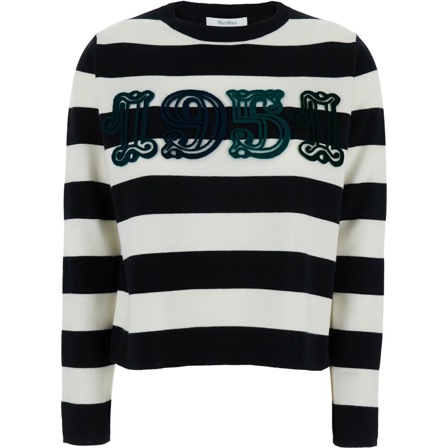 Viterbo Black and White Crewneck Sweater with Embroidery on the Front and All-Over Striped Motif in Wool Woman