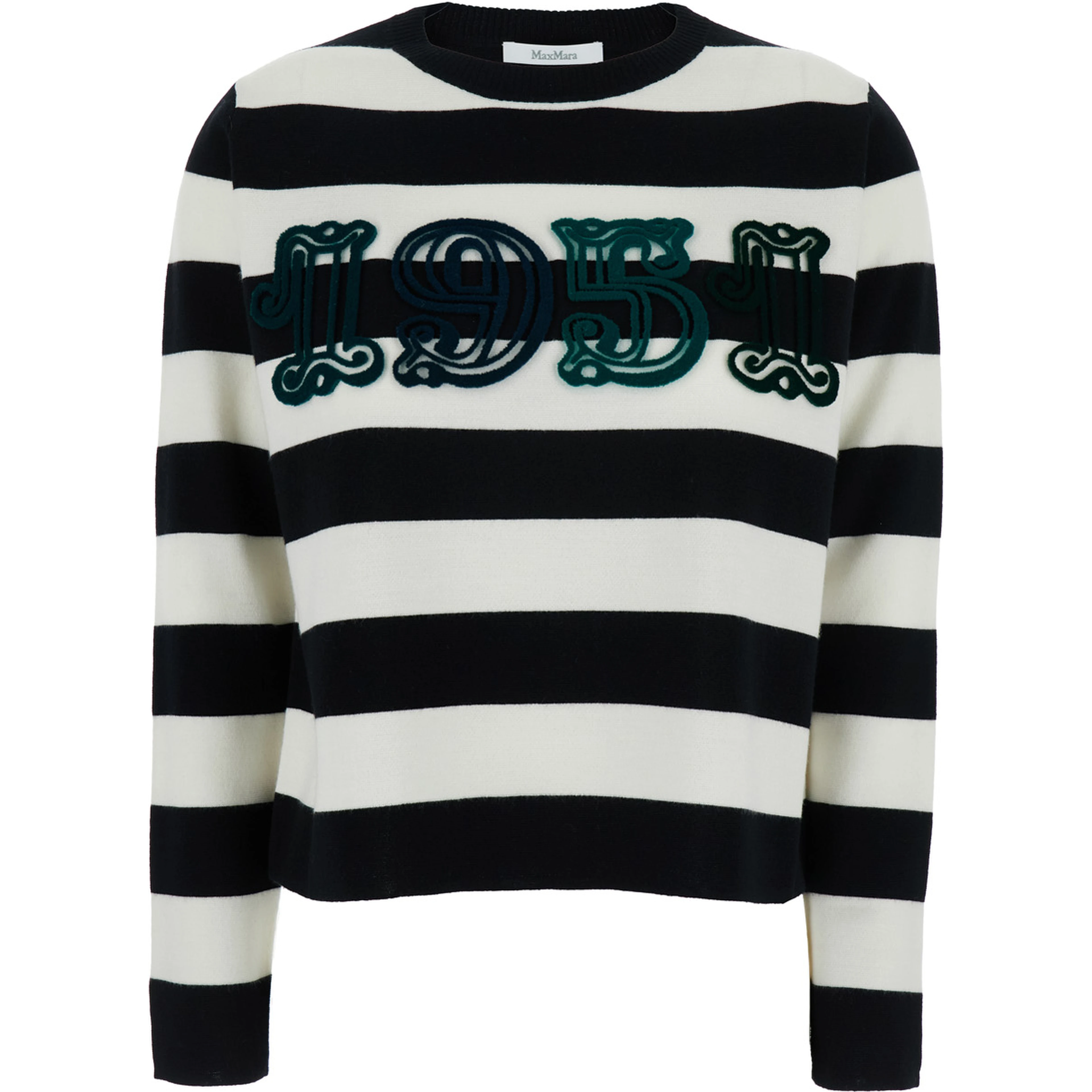 Viterbo Black and White Crewneck Sweater with Embroidery on the Front and All-Over Striped Motif in Wool Woman