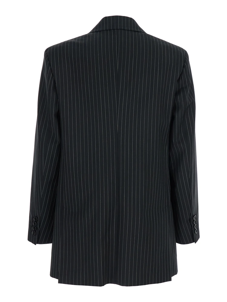 Mattia Black Double-Breasted Jacket with Peak Revers and All-Over Striped Motif in Wool Woman