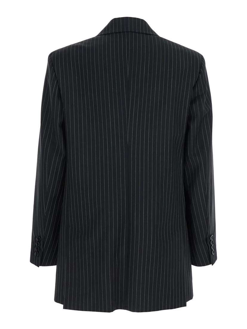 Mattia Black Double-Breasted Jacket with Peak Revers and All-Over Striped Motif in Wool Woman
