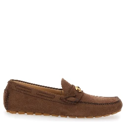 Brown Loafers with Round Toe and VLogo Plaque in Suede Man