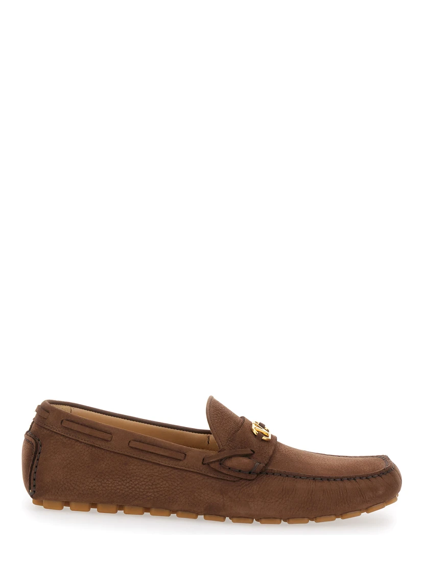 Brown Loafers with Round Toe and VLogo Plaque in Suede Man