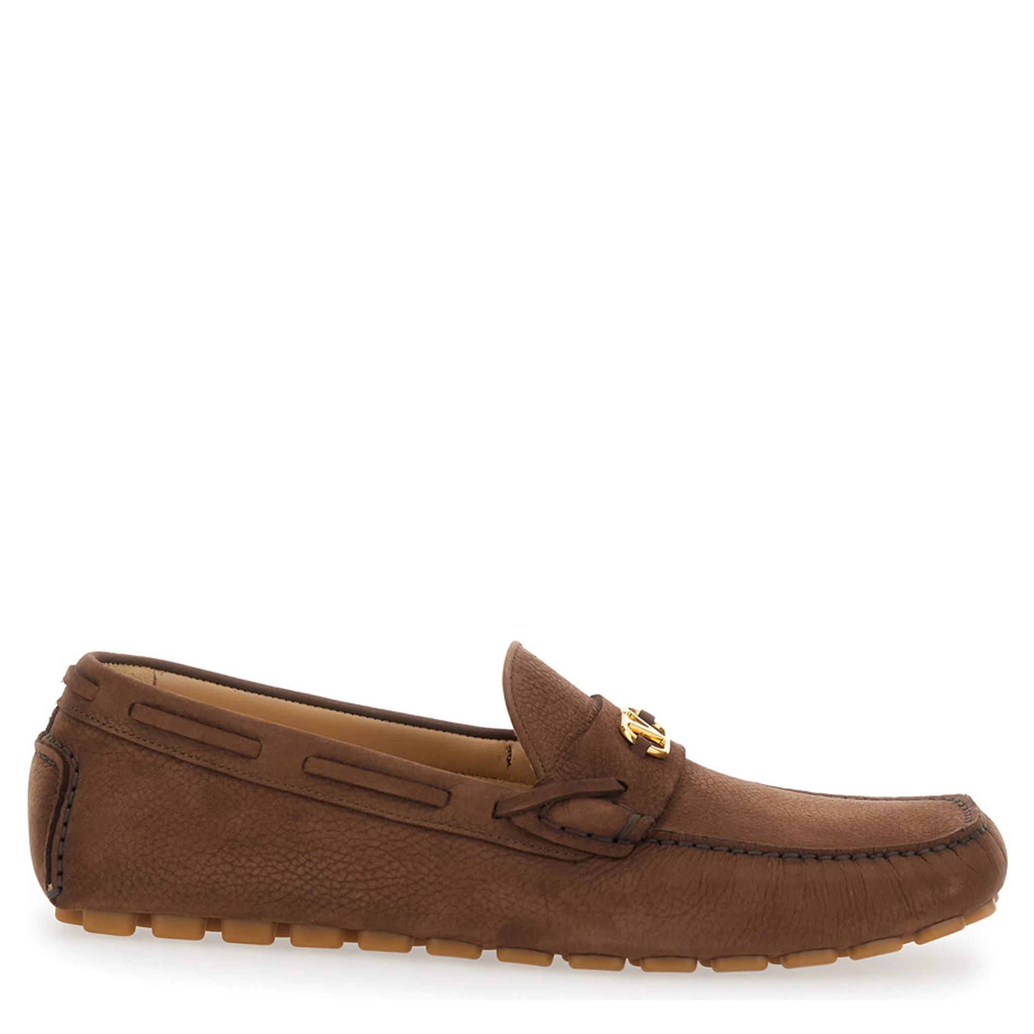 Brown Loafers with Round Toe and VLogo Plaque in Suede Man