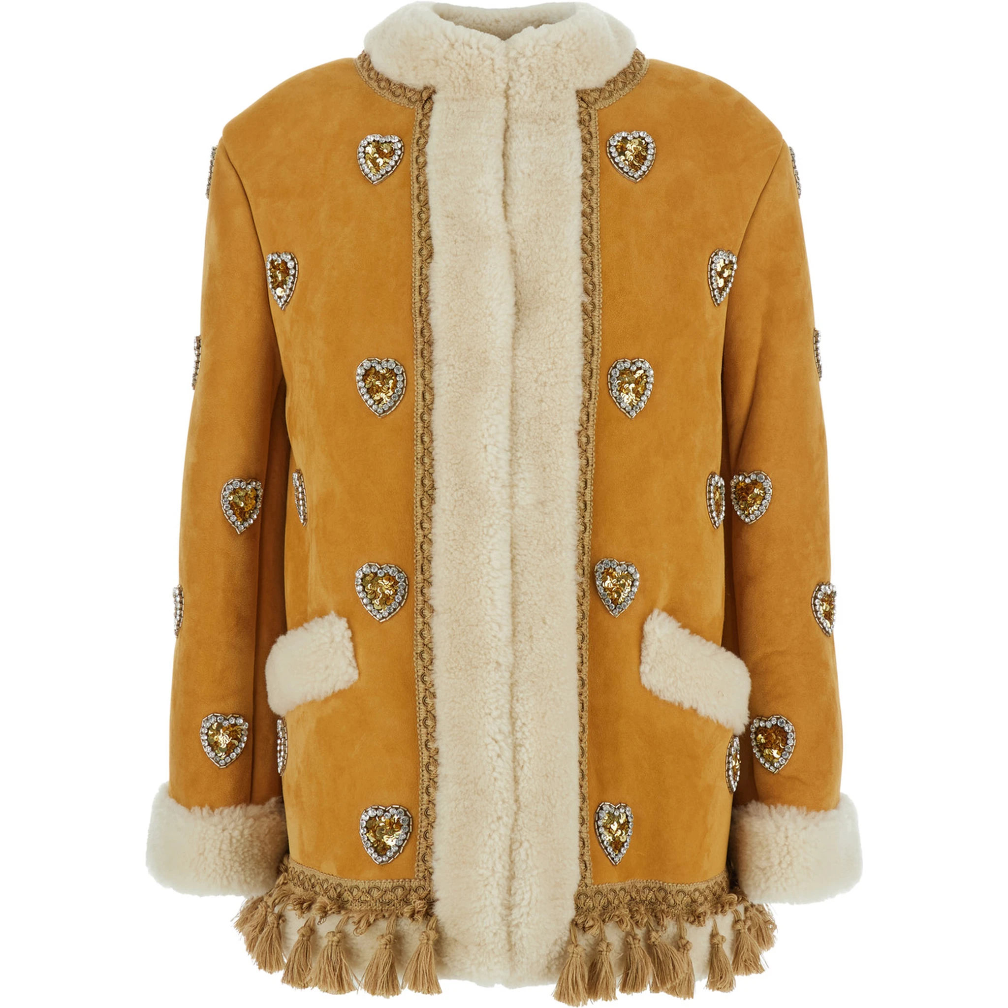 Beige Crewneck Jacket with All-Over Heart Embellishments and Fur Details in Leather Woman