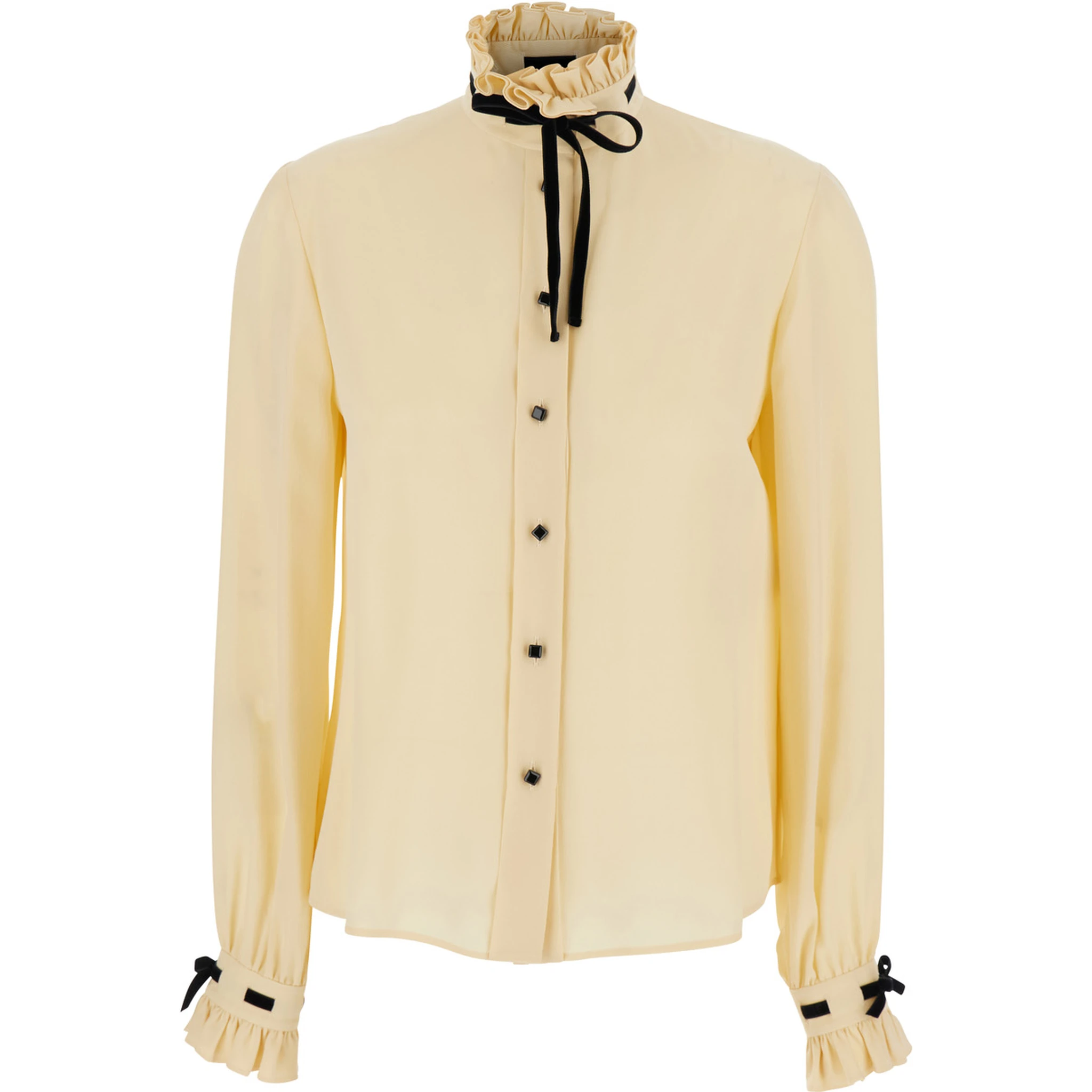 Beige High Neck Shirt with Ruffle Details in Silk Woman