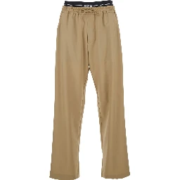 Beige Pants with Elastic Drawstring Waist in Wool Stretch Man