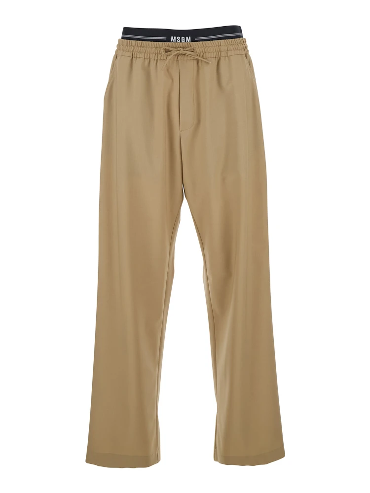 Beige Pants with Elastic Drawstring Waist in Wool Stretch Man