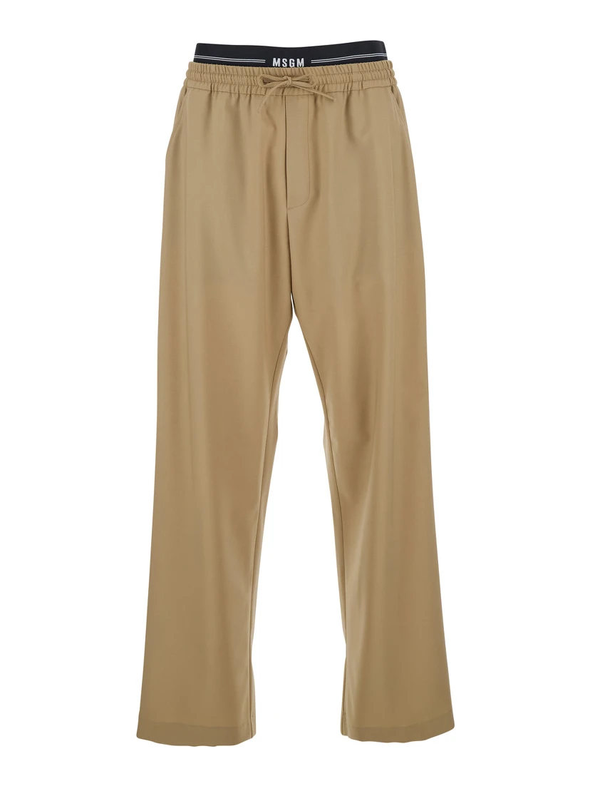 Beige Pants with Elastic Drawstring Waist in Wool Stretch Man