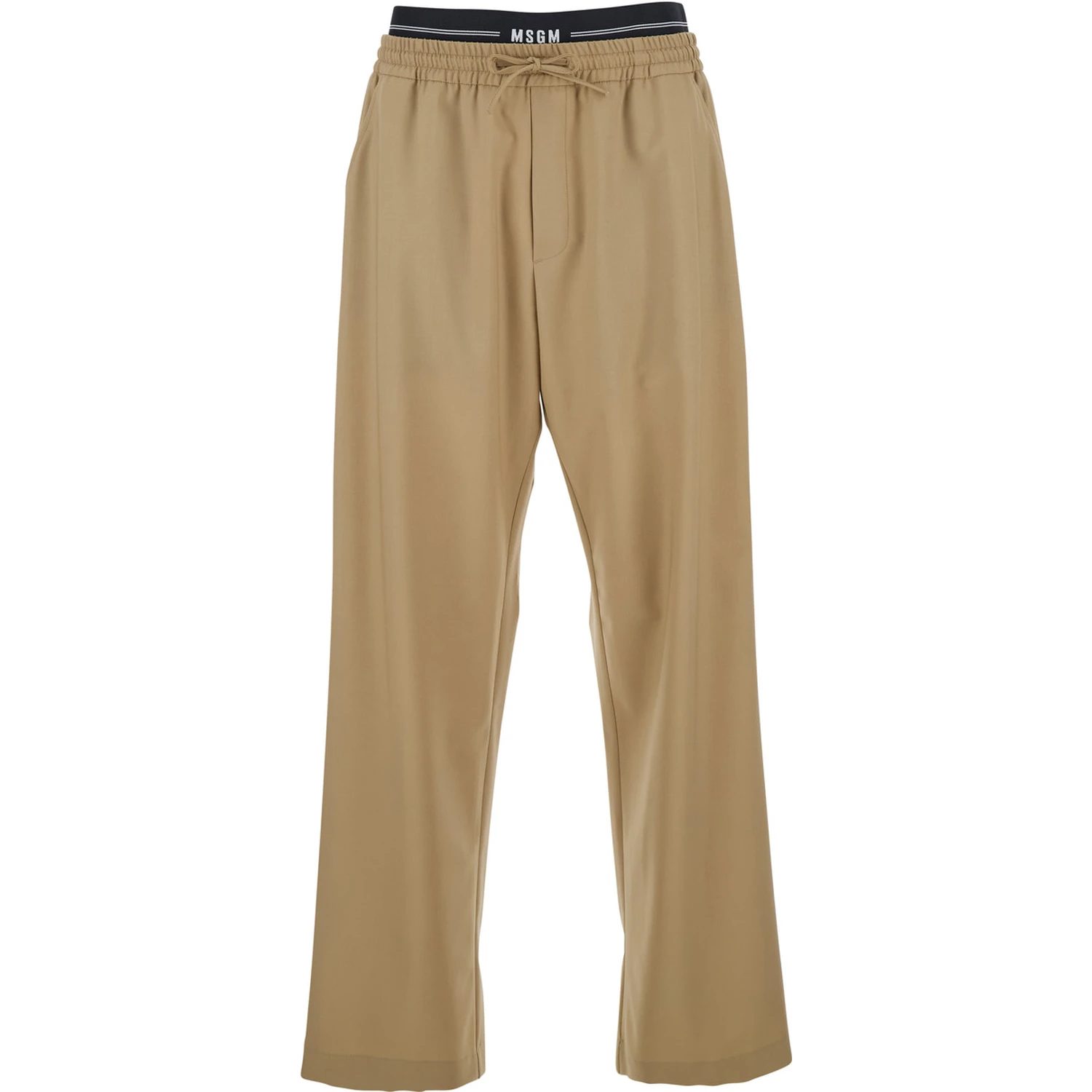 Beige Pants with Elastic Drawstring Waist in Wool Stretch Man