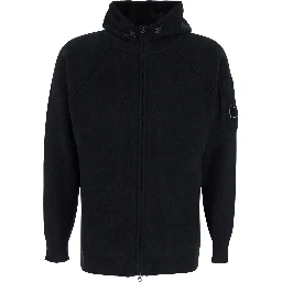 Black Cardigan with Drawstring Hood and Logo Plaque on the Sleeve in Wool Blend Man
