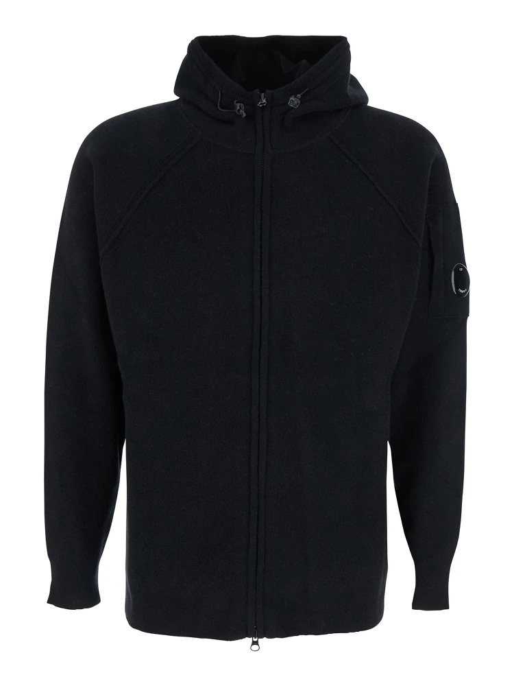 Black Cardigan with Drawstring Hood and Logo Plaque on the Sleeve in Wool Blend Man