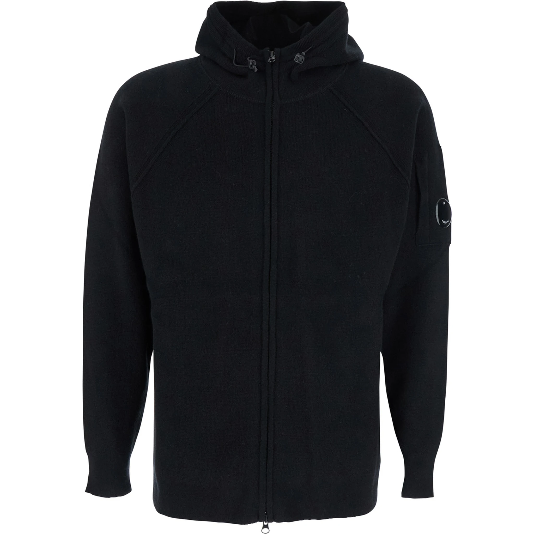 Black Cardigan with Drawstring Hood and Logo Plaque on the Sleeve in Wool Blend Man