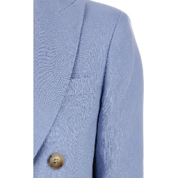 Light Blue Double-Breasted Jacket with Classic Lapels in Linen Woman