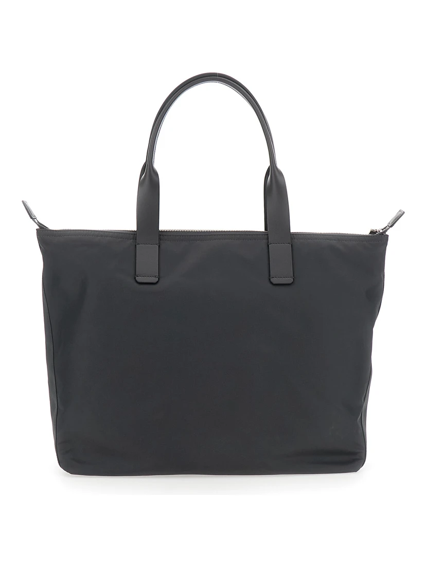 Grey Tote Bag with Two Top Handles and Logo Plaque on the Front in Tech Fabric Man