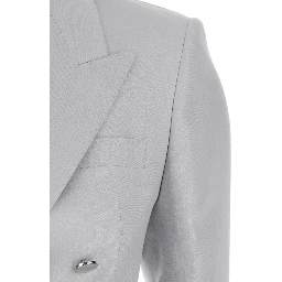 Grey Double-Breasted Suit with Golden Buttons in Linen Woman