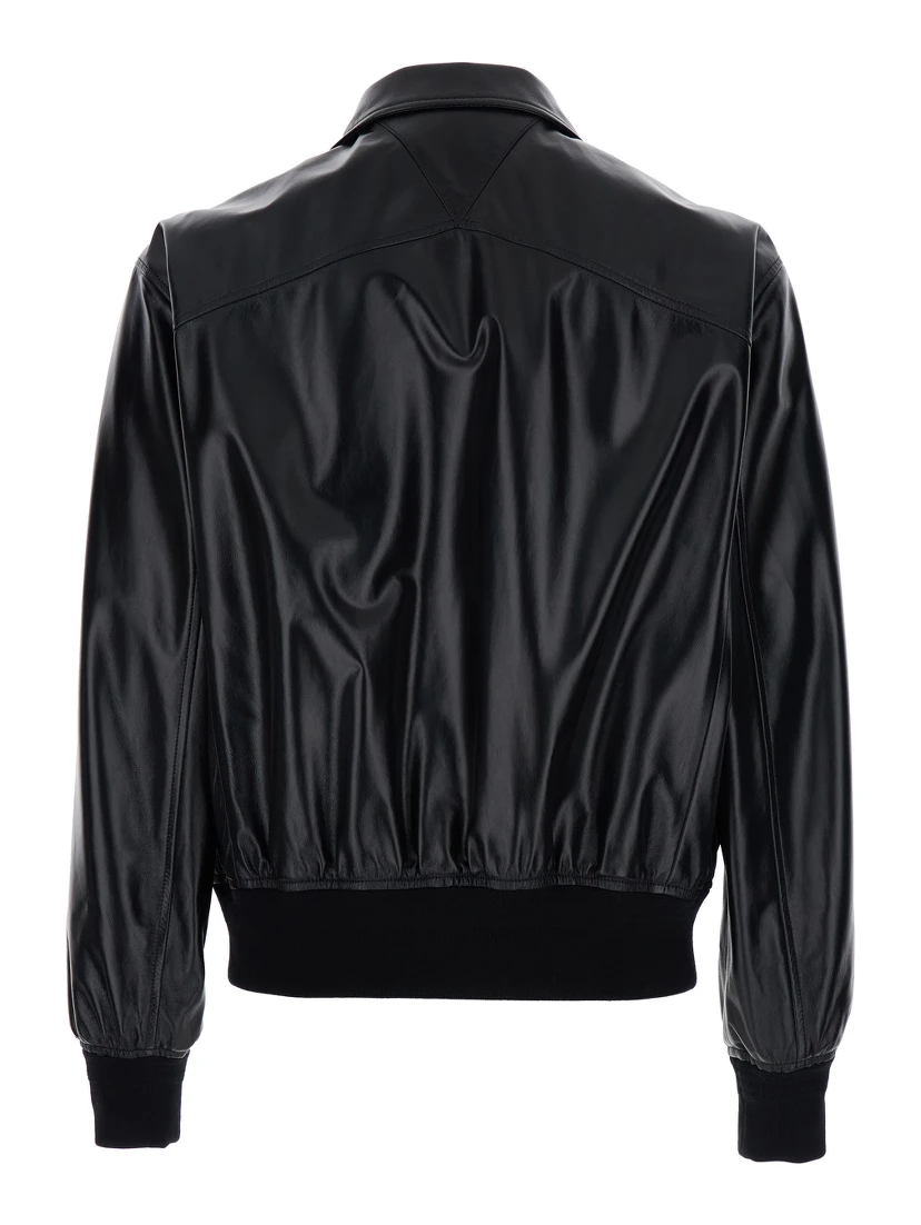 Black Bomber Jacket with Two Front Welt Pockets in Leather Man