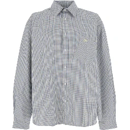 Beige Shirt with Logo Embroidery on the Front and All-Over Check Motif in Cotton Man