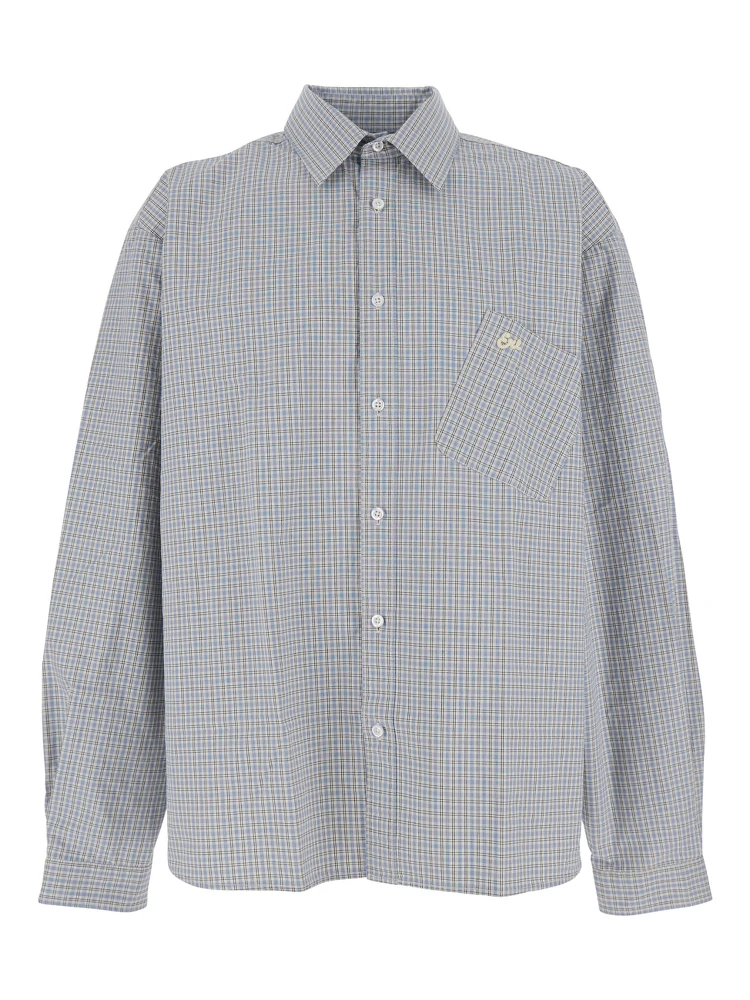 Beige Shirt with Logo Embroidery on the Front and All-Over Check Motif in Cotton Man