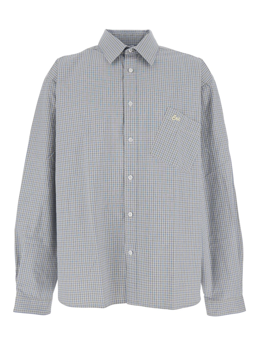 Beige Shirt with Logo Embroidery on the Front and All-Over Check Motif in Cotton Man