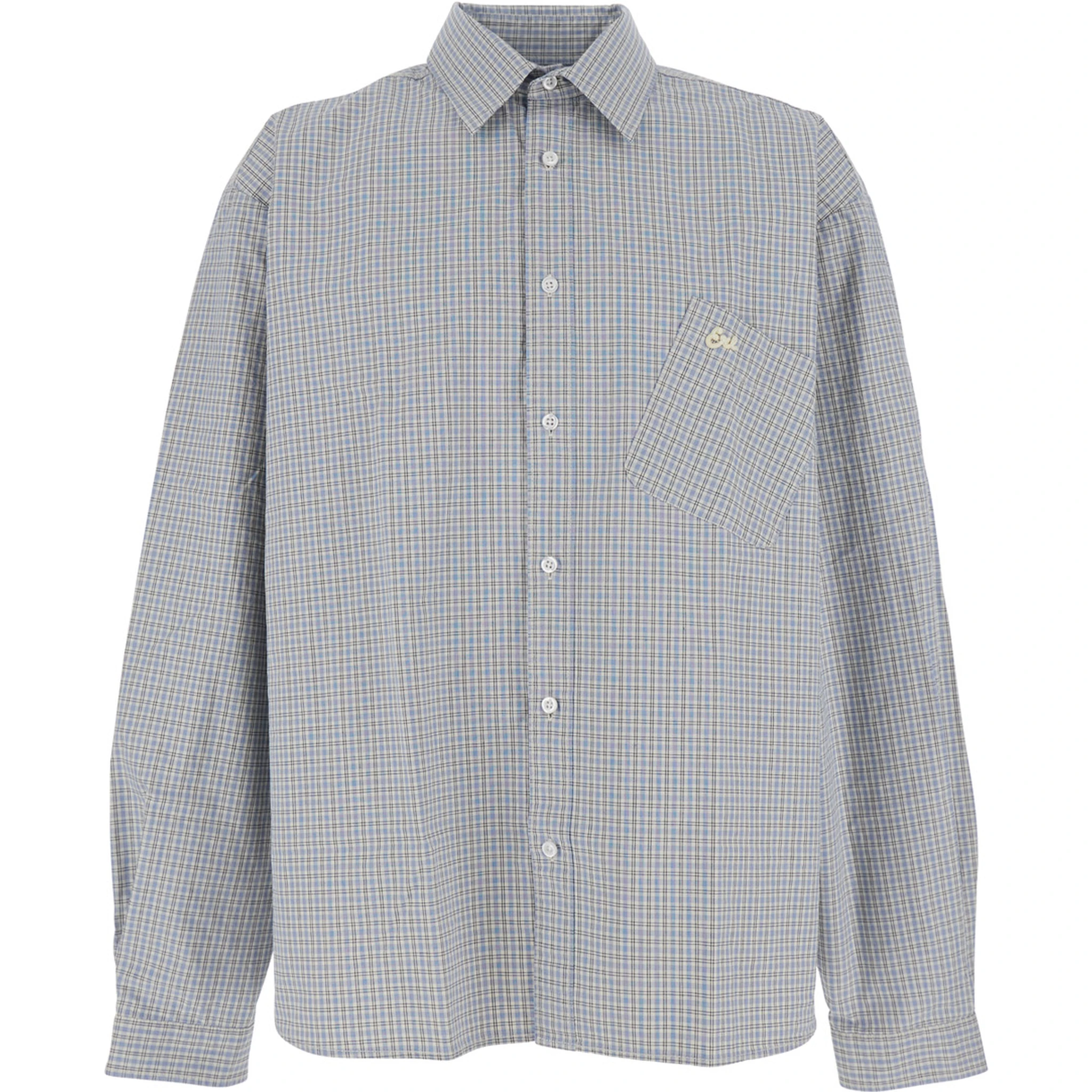 Beige Shirt with Logo Embroidery on the Front and All-Over Check Motif in Cotton Man