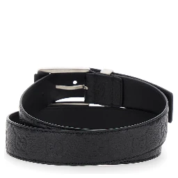 Black Belt with Square Buckle and All-Over Embossed GG Logo in Grained Leather Man