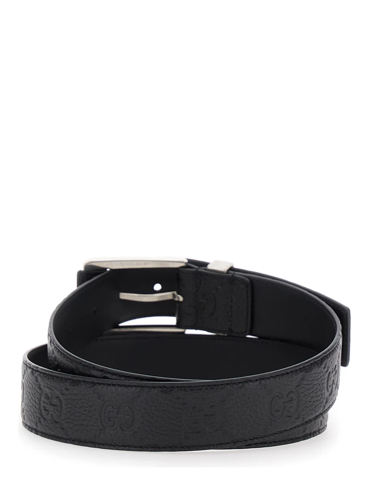 Black Belt with Square Buckle and All-Over Embossed GG Logo in Grained Leather Man alternative